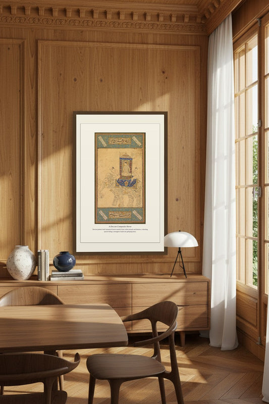 Framed Deccan Composite Horse print on a wood-paneled dining room wall beside a curtained window