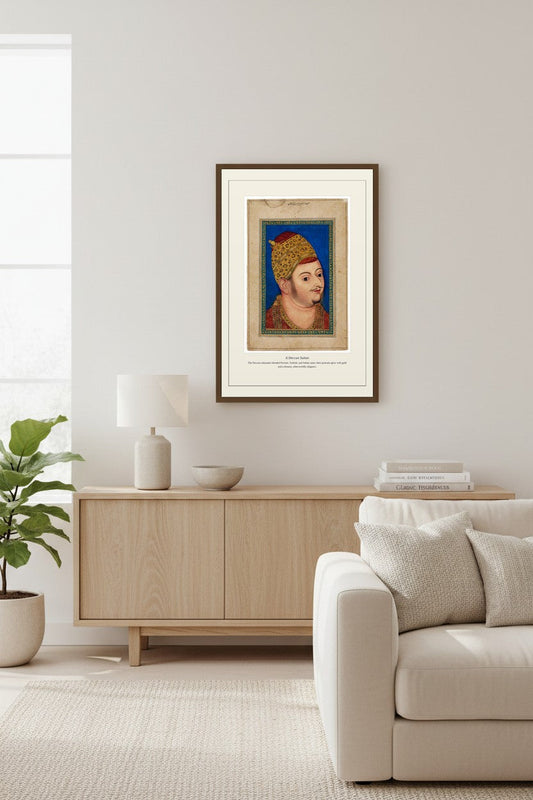 Deccan Sultan print displayed above a white brick fireplace with a sectional sofa