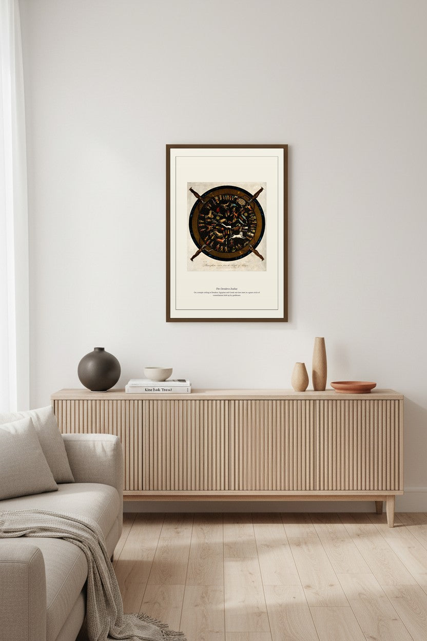 Dendera Zodiac celestial print framed above a light wood sideboard with ceramic vases