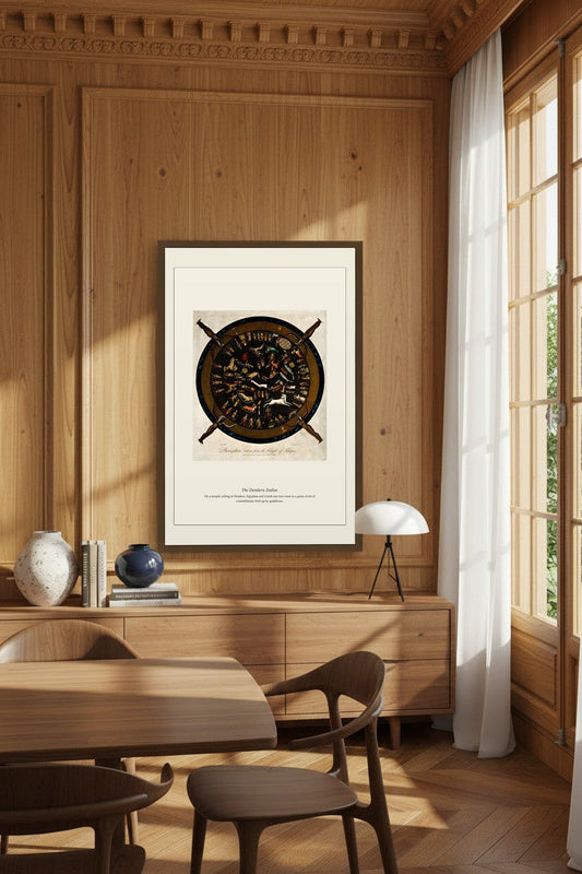 Dendera Zodiac print displayed in a wood-paneled dining room above a fluted sideboard