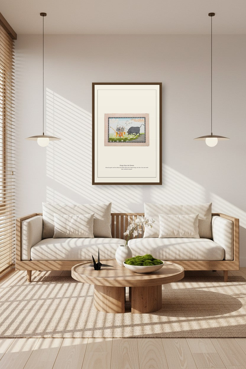 Durga Slays the Demon print in a sunlit room with a light wood sofa
