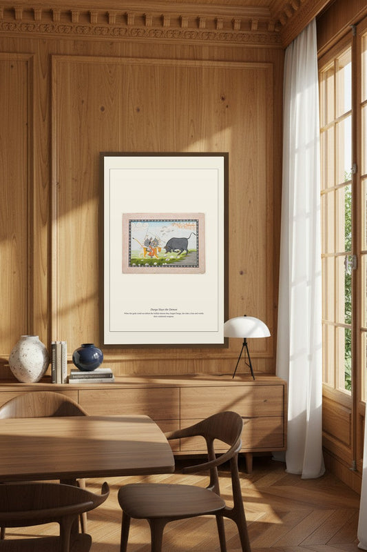 Durga Slays the Demon print framed in a wood-paneled dining room by a window
