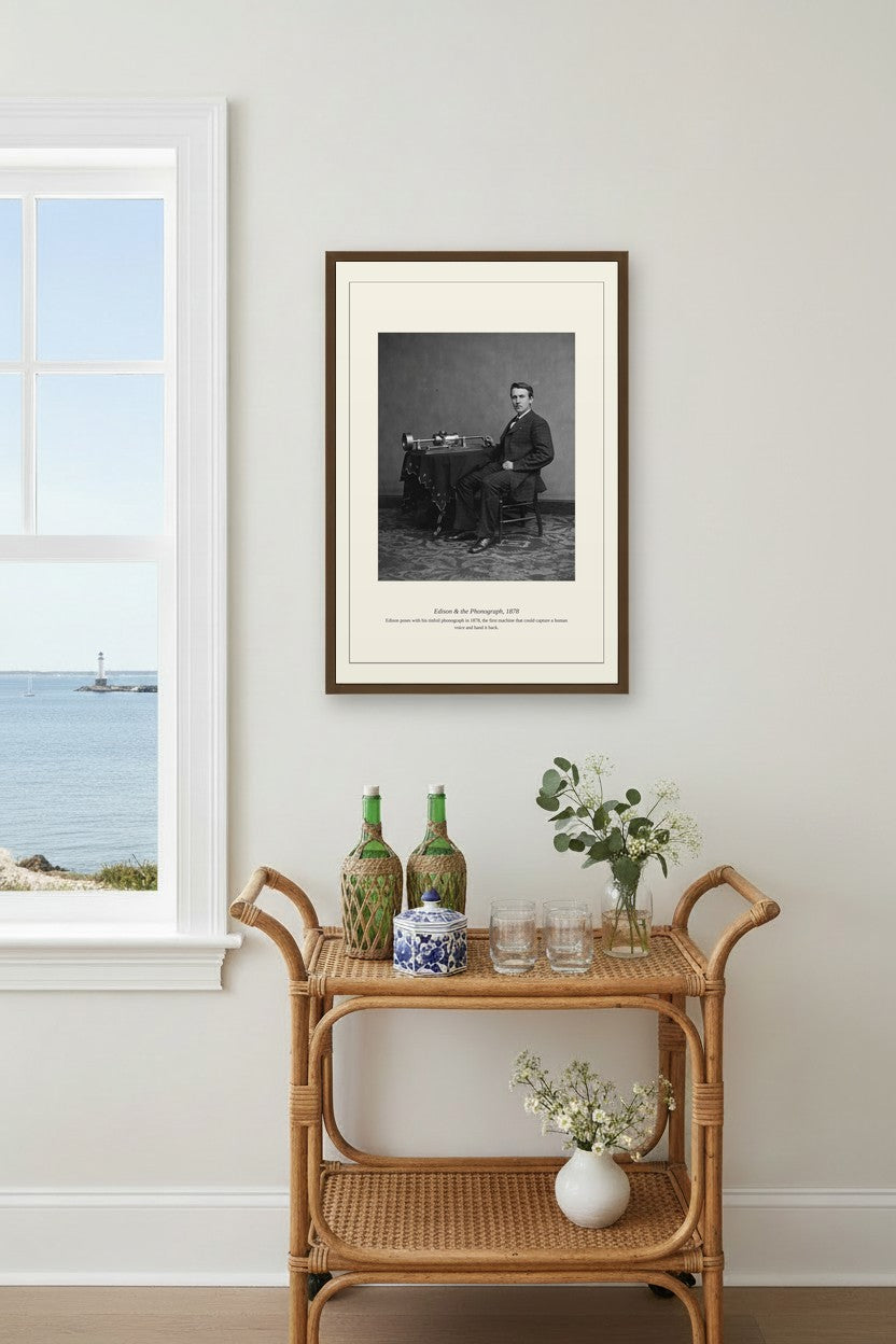 Edison and the Phonograph print above a rattan bar cart near a coastal window
