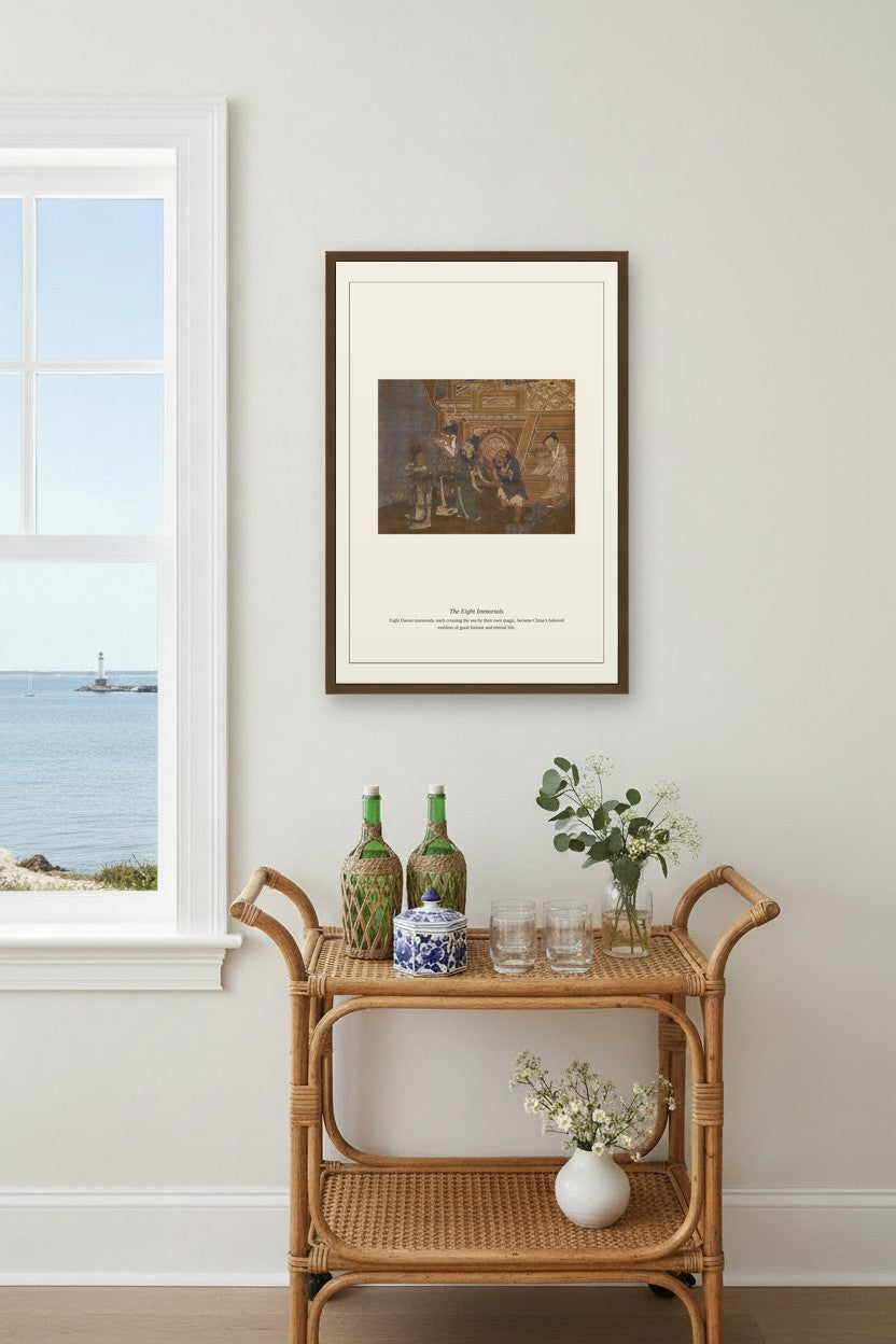 The Eight Immortals print framed above a coastal bar cart with green bottles