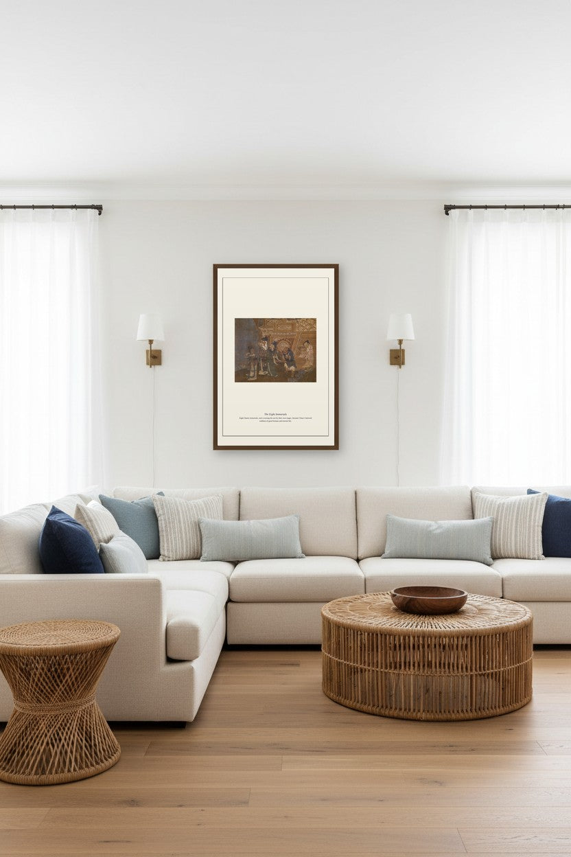 Eight Immortals print above a white sectional sofa between sheer curtains