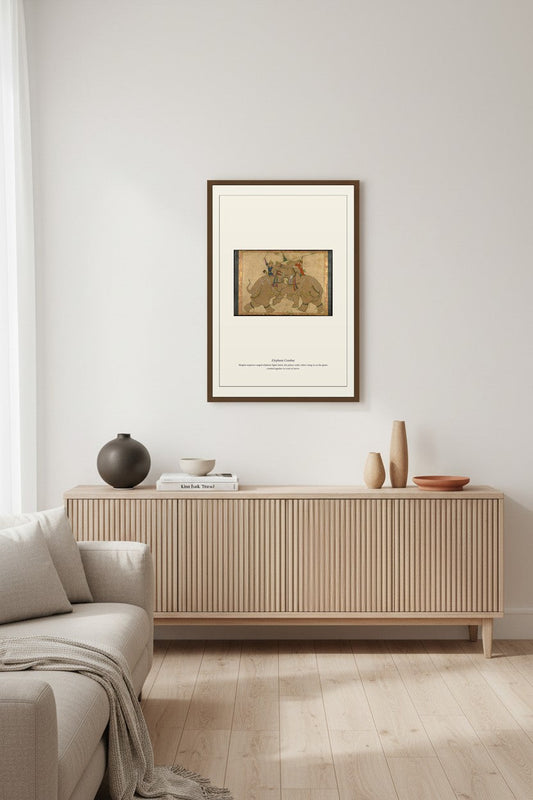 Elephant Combat print above a light fluted wood sideboard in a living room