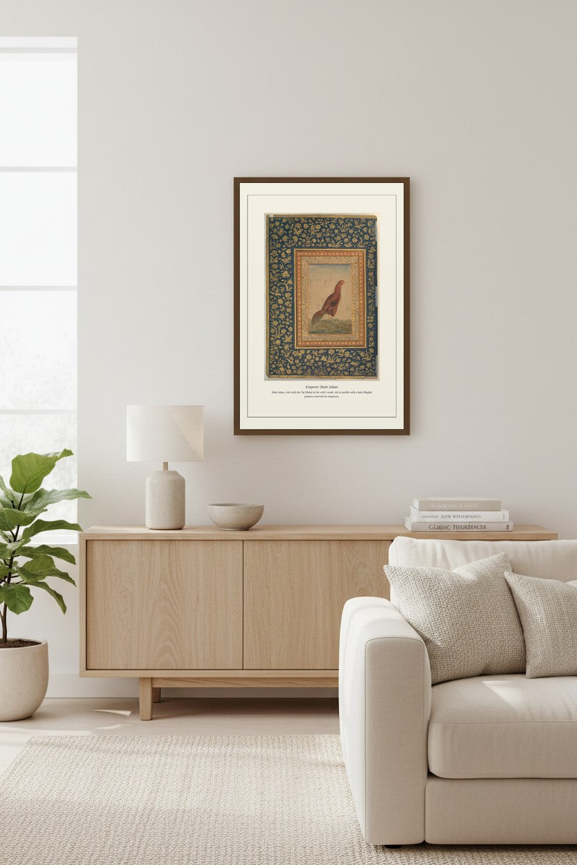 Emperor Shah Jahan miniature framed above a light wood sideboard beside a cream sofa