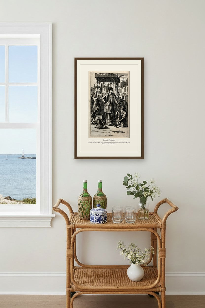 Empress Nur Jahan print framed above a rattan bar cart near a window with a coastal view