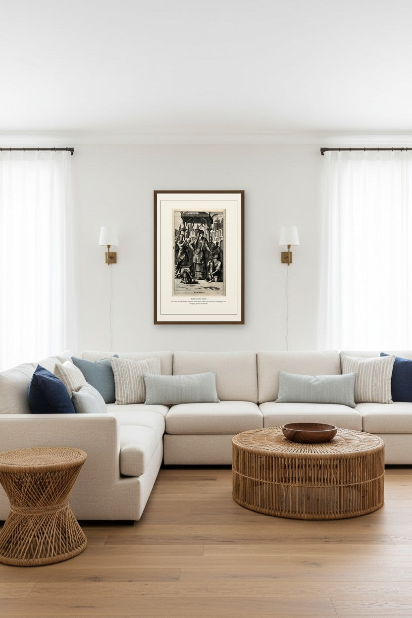 Empress Nur Jahan print framed between wall sconces above a light sectional sofa