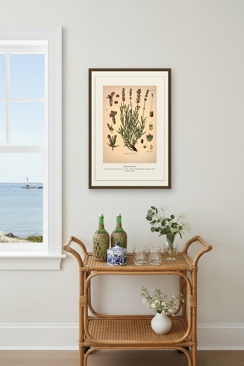 English Lavender print above a rattan bar cart near a window with an ocean view