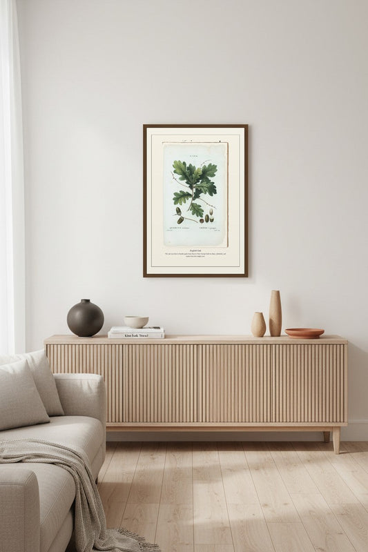 English Oak framed botanical print above a wooden sideboard in a living room