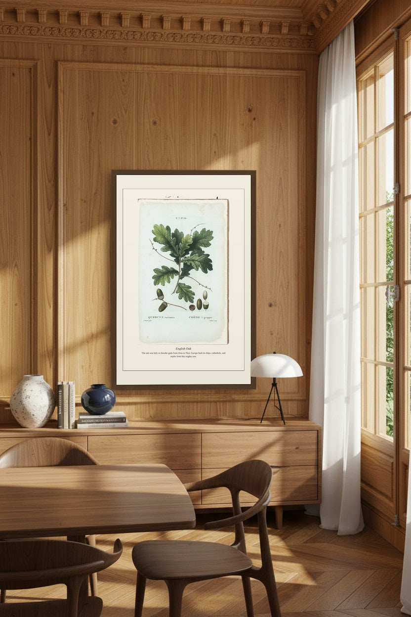 English Oak framed botanical print above a wood-paneled dining sideboard
