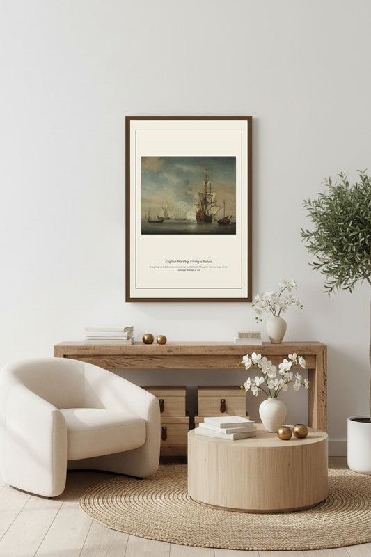 English Warship Firing a Salute — Antique Marine Print