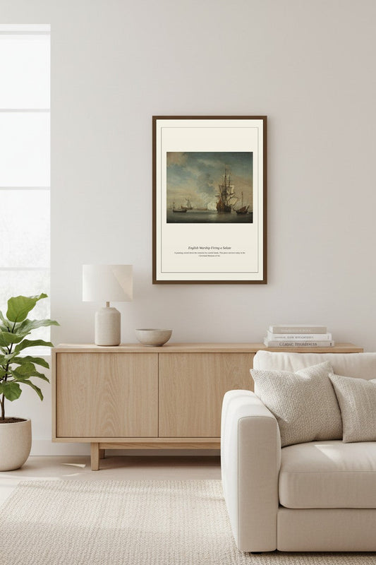 English Warship Firing a Salute — Antique Marine Print