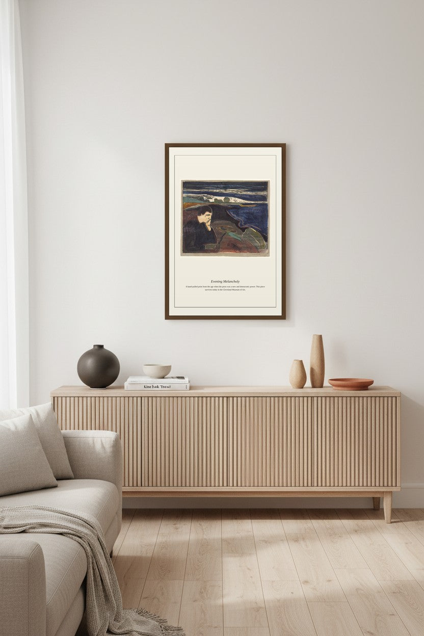 Evening Melancholy framed above a light wood console table with ceramic vases