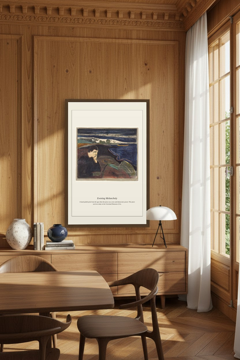 Evening Melancholy framed on wood paneling beside a curtained window in a dining room
