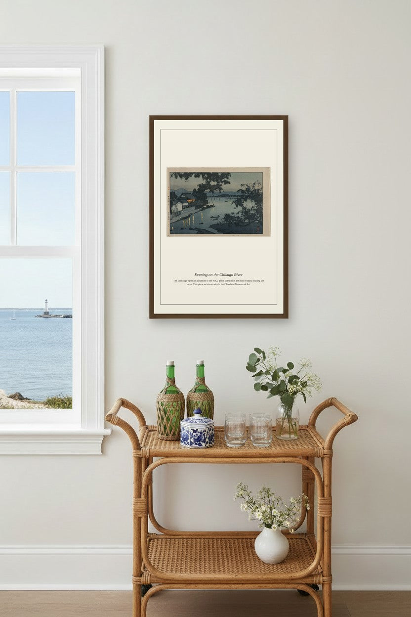 Evening on the Chikugo River hung above a rattan bar cart by a coastal window