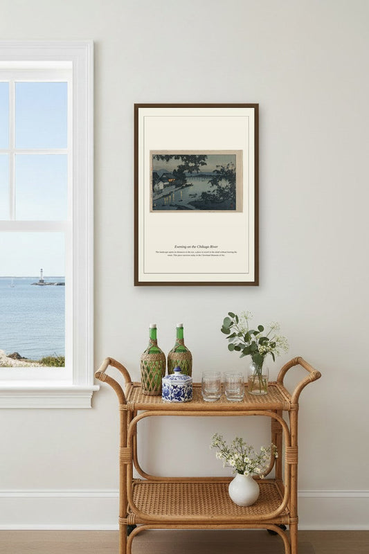 Evening on the Chikugo River hung above a rattan bar cart by a coastal window