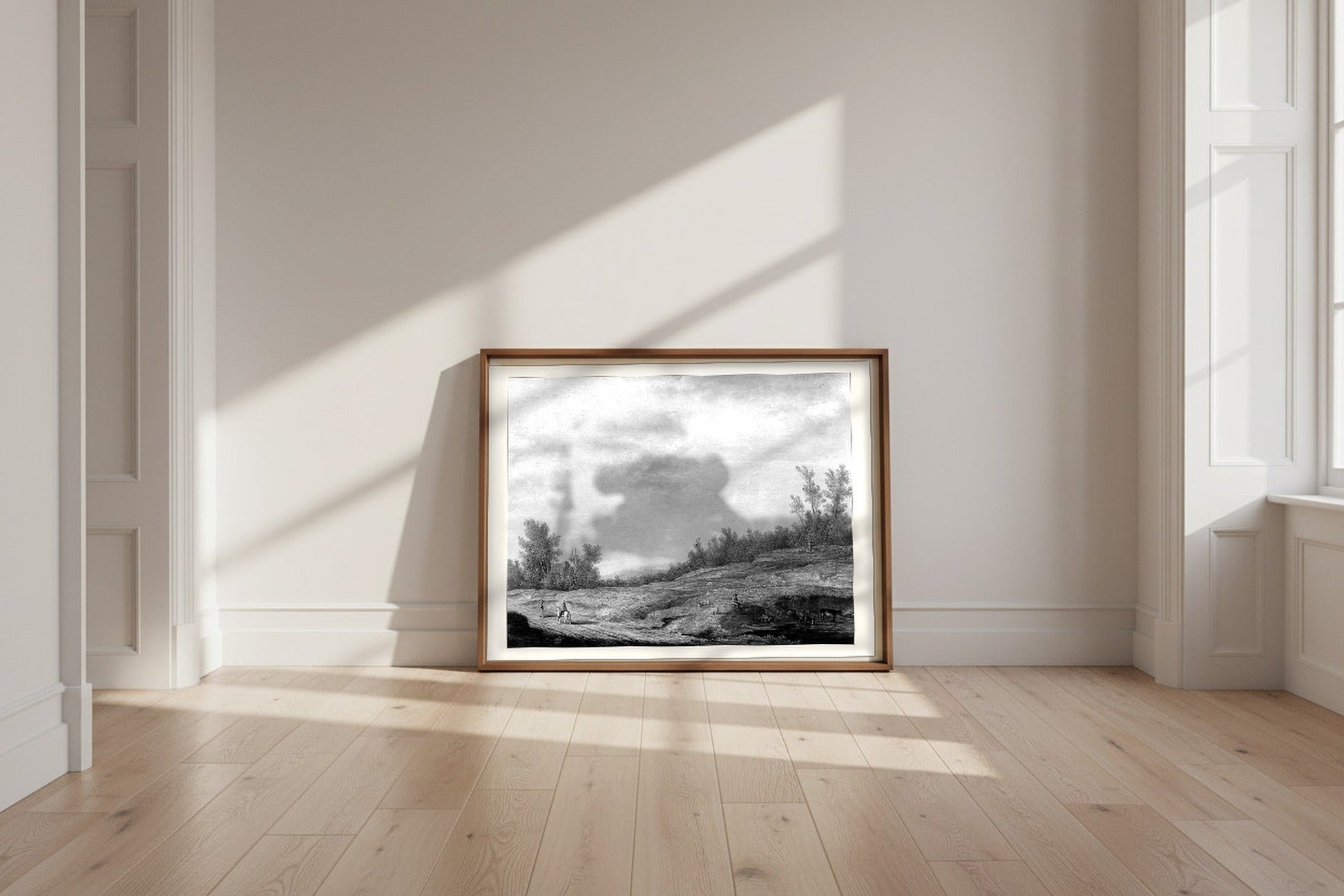 Spring Landscape — Aelbert Cuyp Fine Art Poster shown framed and leaning against a wall in a sunlit room