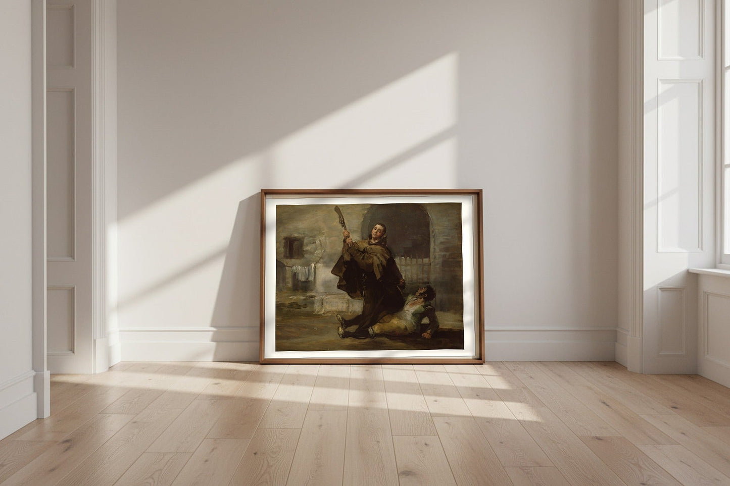 Friar Pedro Clubs El Maragato with the Butt of the Gun — Francisco de Goya Fine Art Poster shown framed and leaning against a wall in a sunlit room