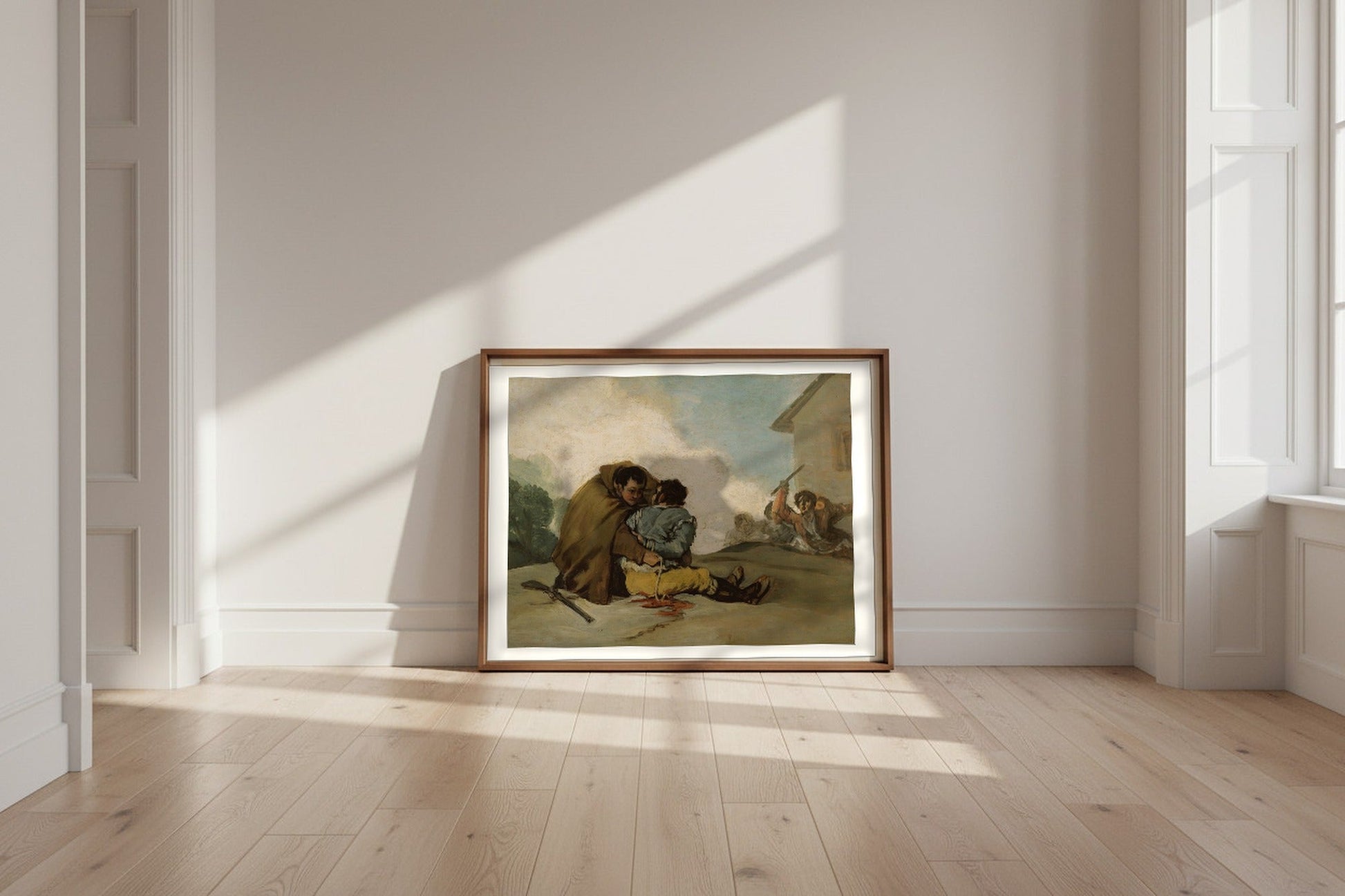 Friar Pedro Binds El Maragato with a Rope — Francisco de Goya Fine Art Poster shown framed and leaning against a wall in a sunlit room