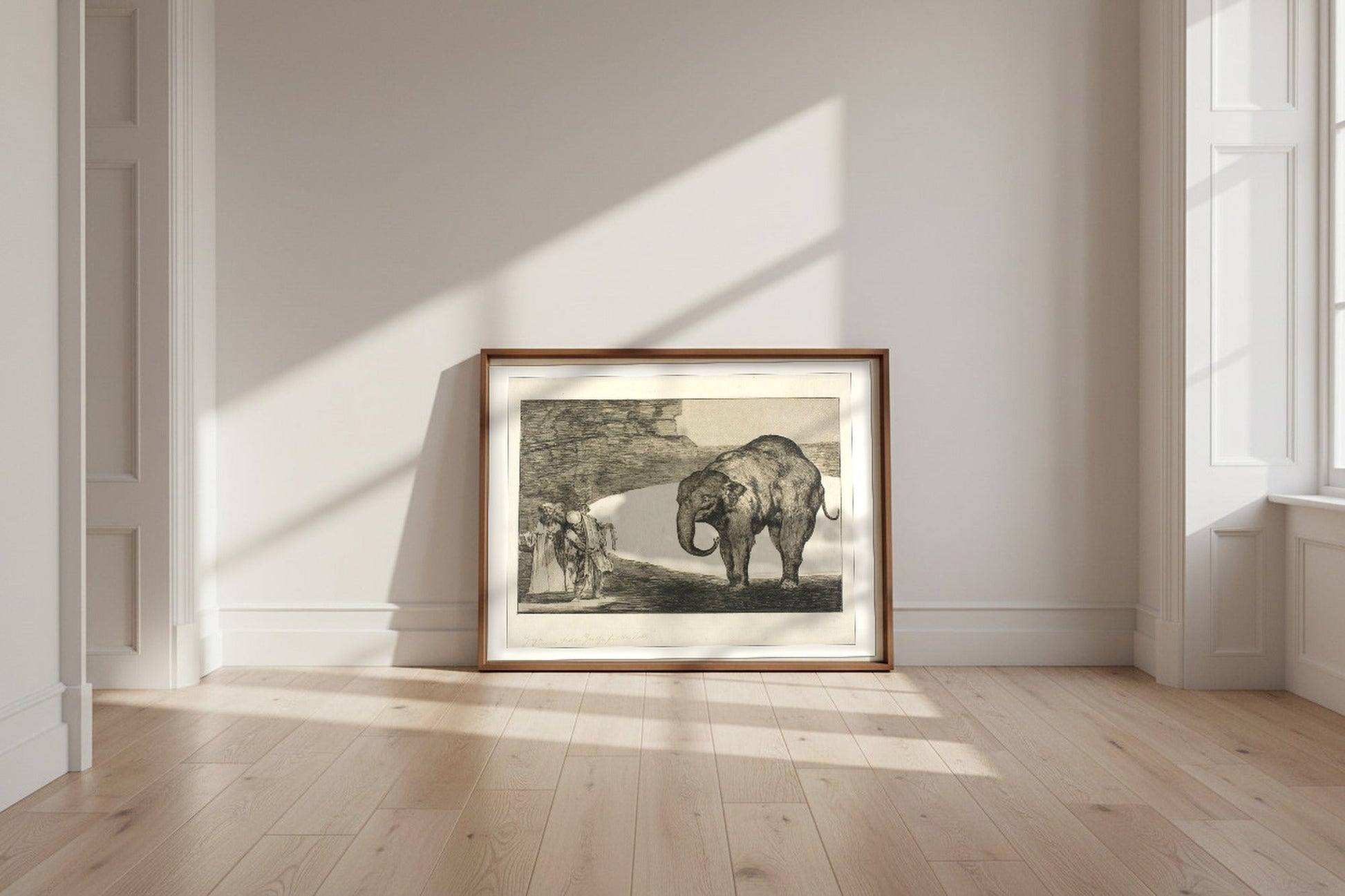 Animal Folly — Francisco de Goya Fine Art Poster shown framed and leaning against a wall in a sunlit room