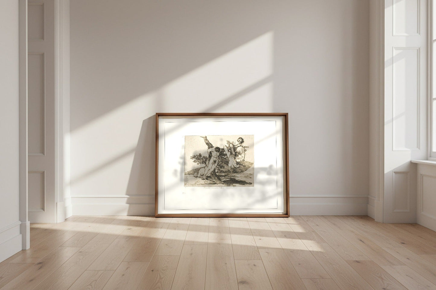A Heroic Feat! With Dead Men! — Francisco de Goya Fine Art Poster shown framed and leaning against a wall in a sunlit room