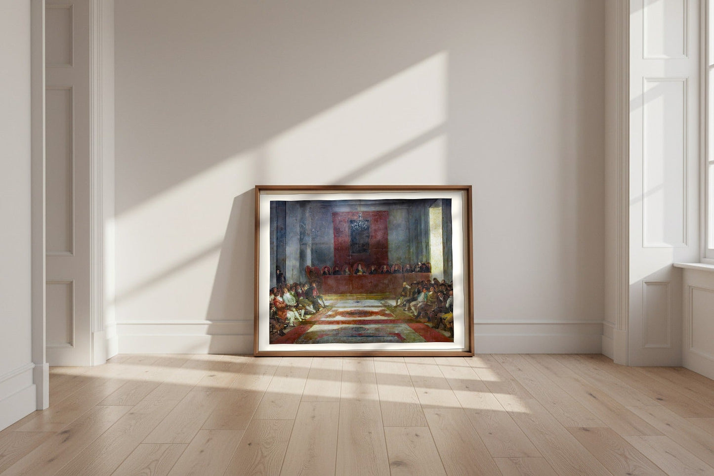 The Junta of the Philippines — Francisco de Goya Fine Art Poster shown framed and leaning against a wall in a sunlit room
