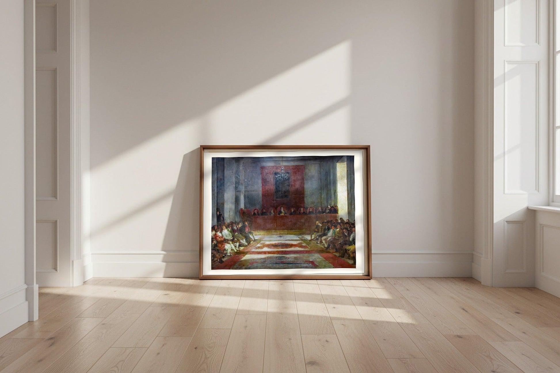 The Junta of the Philippines — Francisco de Goya Fine Art Poster shown framed and leaning against a wall in a sunlit room
