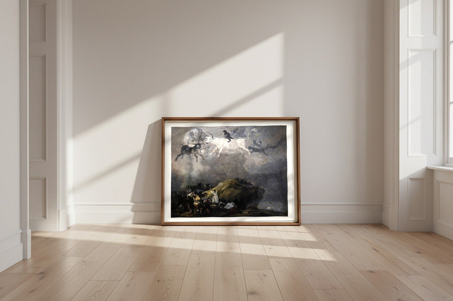 Caprice — Francisco de Goya Fine Art Poster shown framed and leaning against a wall in a sunlit room