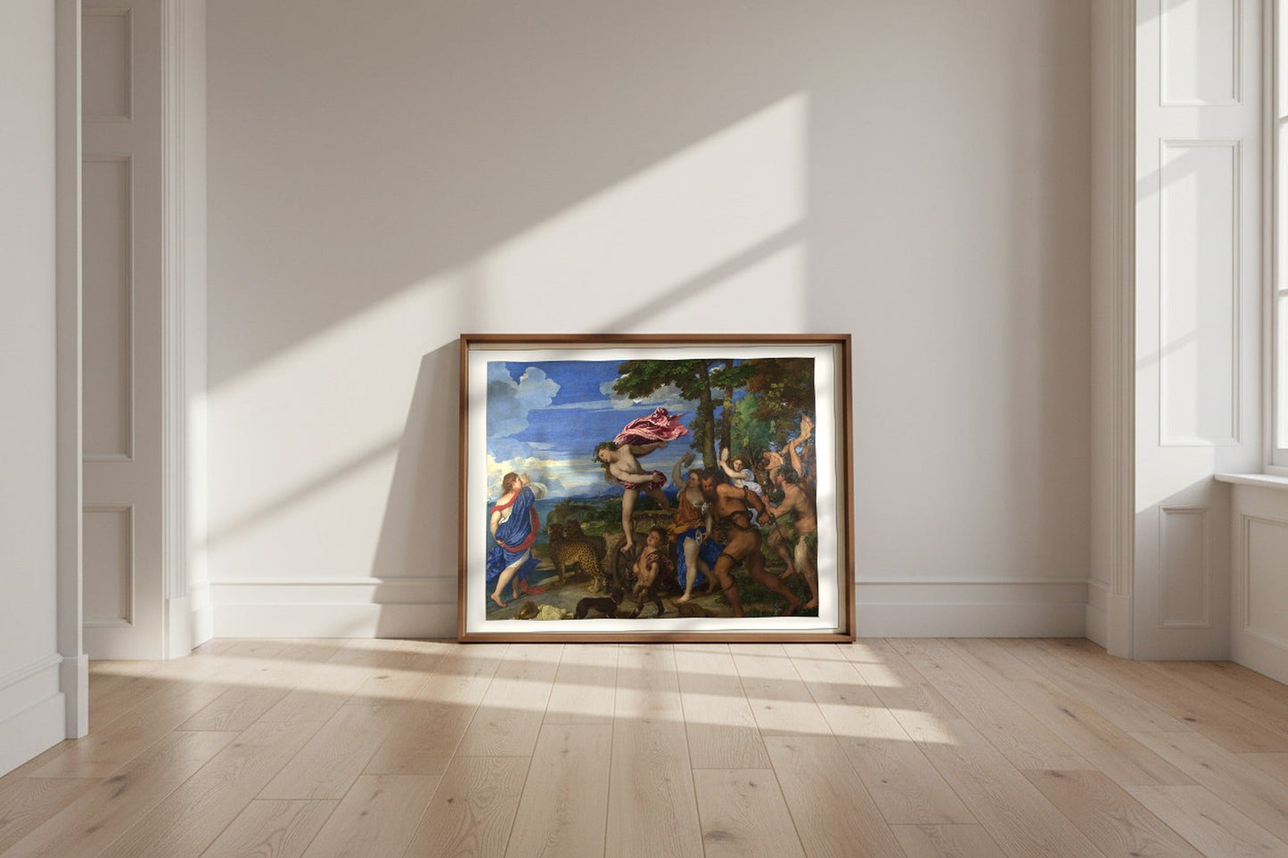 Bacchus and Ariadne — Titian Fine Art Poster shown framed and leaning against a wall in a sunlit room
