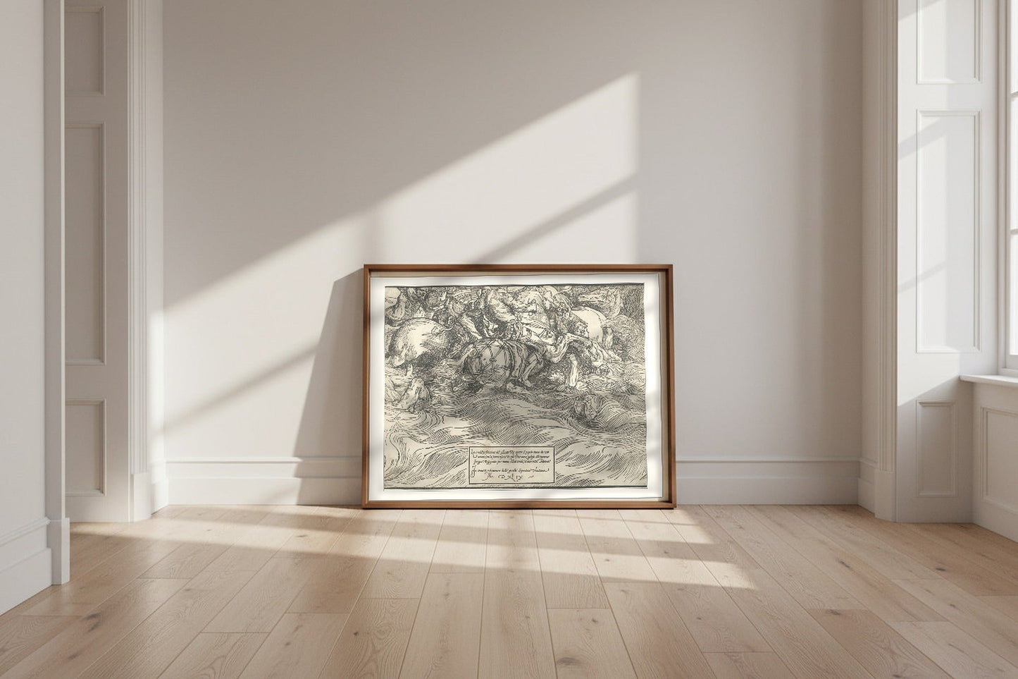 The Submersion of Pharaoh's Army in the Red Sea — Titian Fine Art Poster shown framed and leaning against a wall in a sunlit room