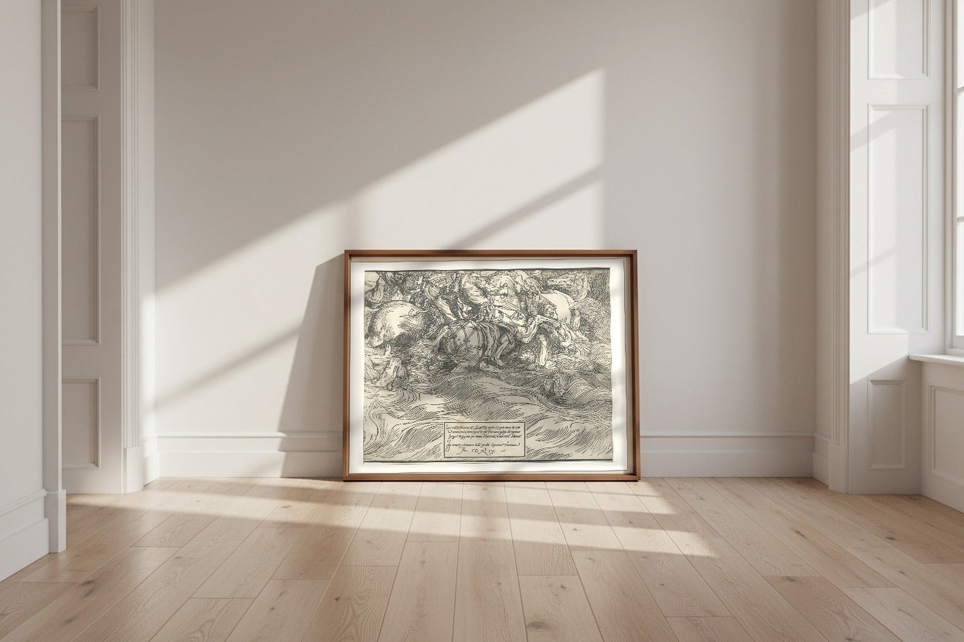 The Submersion of Pharaoh's Army in the Red Sea — Titian Fine Art Poster shown framed and leaning against a wall in a sunlit room
