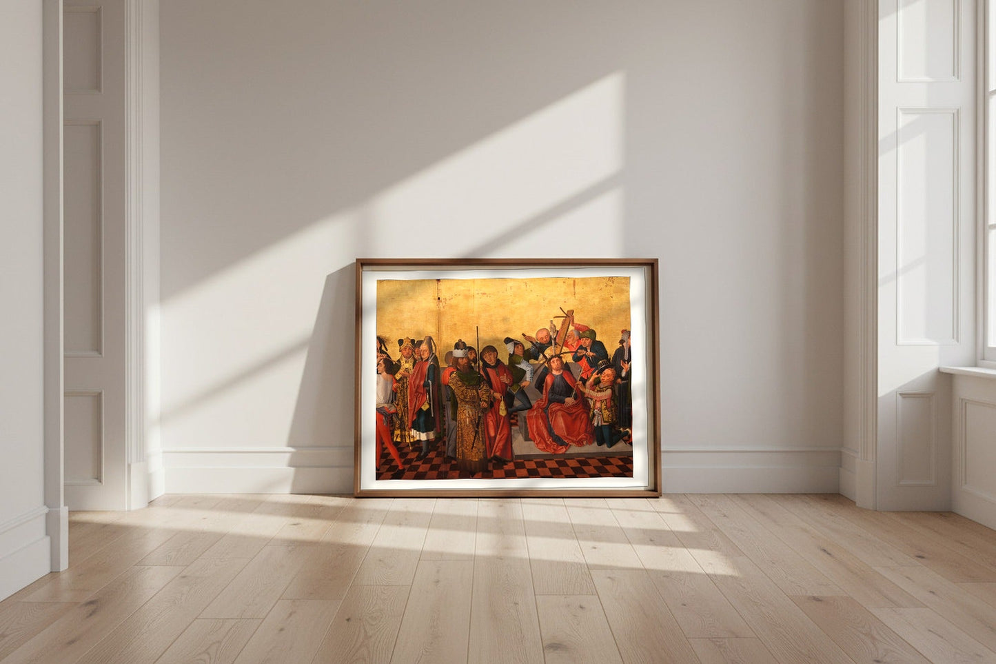 Colmar Altarpiece (Flagellation, Crowning with Thorns) — Caspar Isenmann Fine Art Poster shown framed and leaning against a wall in a sunlit room
