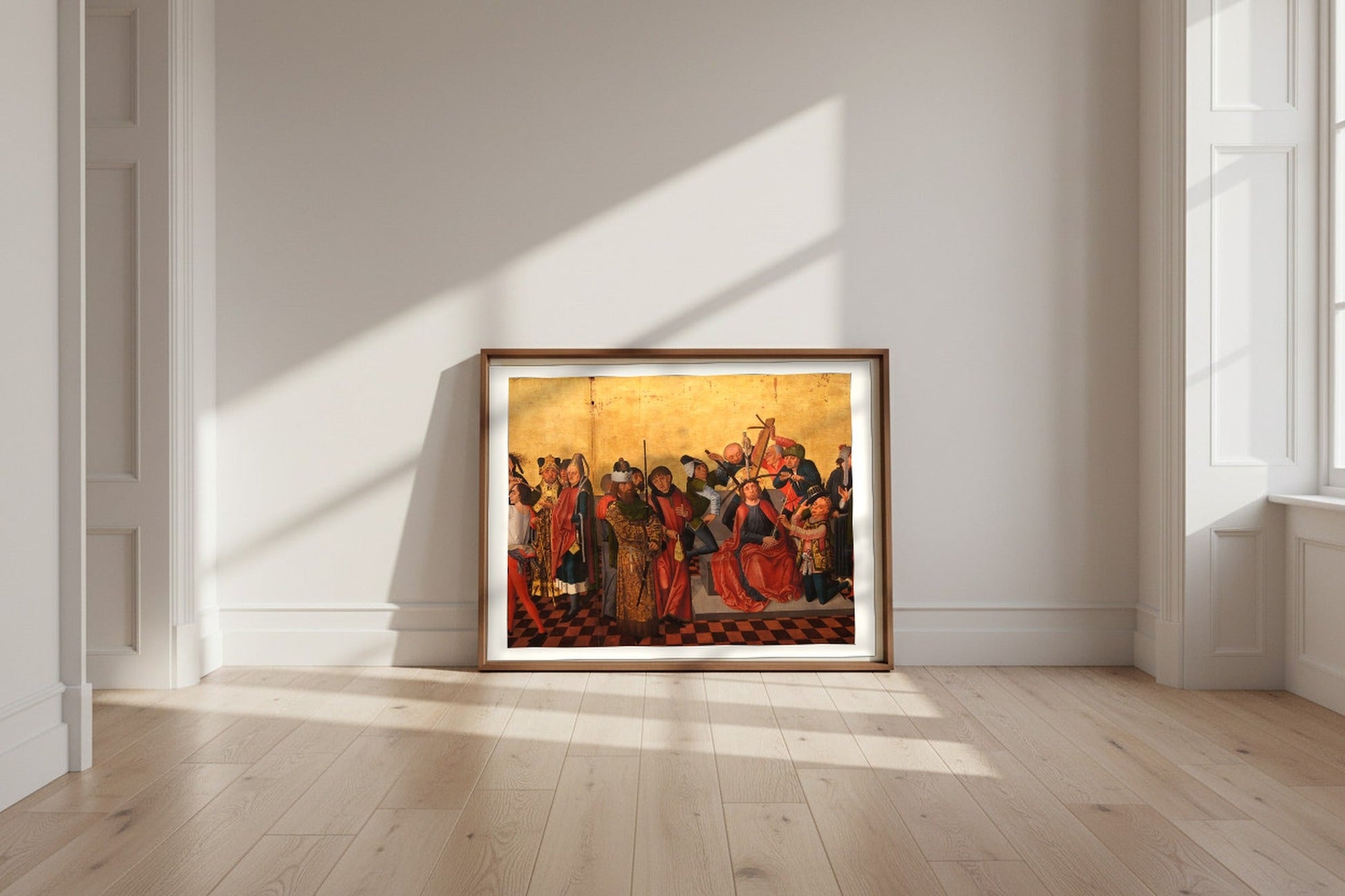 Colmar Altarpiece (Flagellation, Crowning with Thorns) — Caspar Isenmann Fine Art Poster shown framed and leaning against a wall in a sunlit room