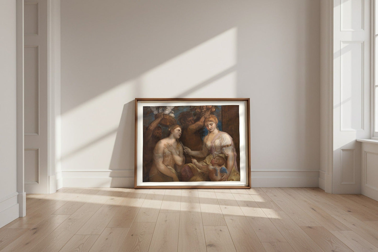 Allegory of Venus and Cupid (imitator of Titian) Fine Art Poster shown framed and leaning against a wall in a sunlit room