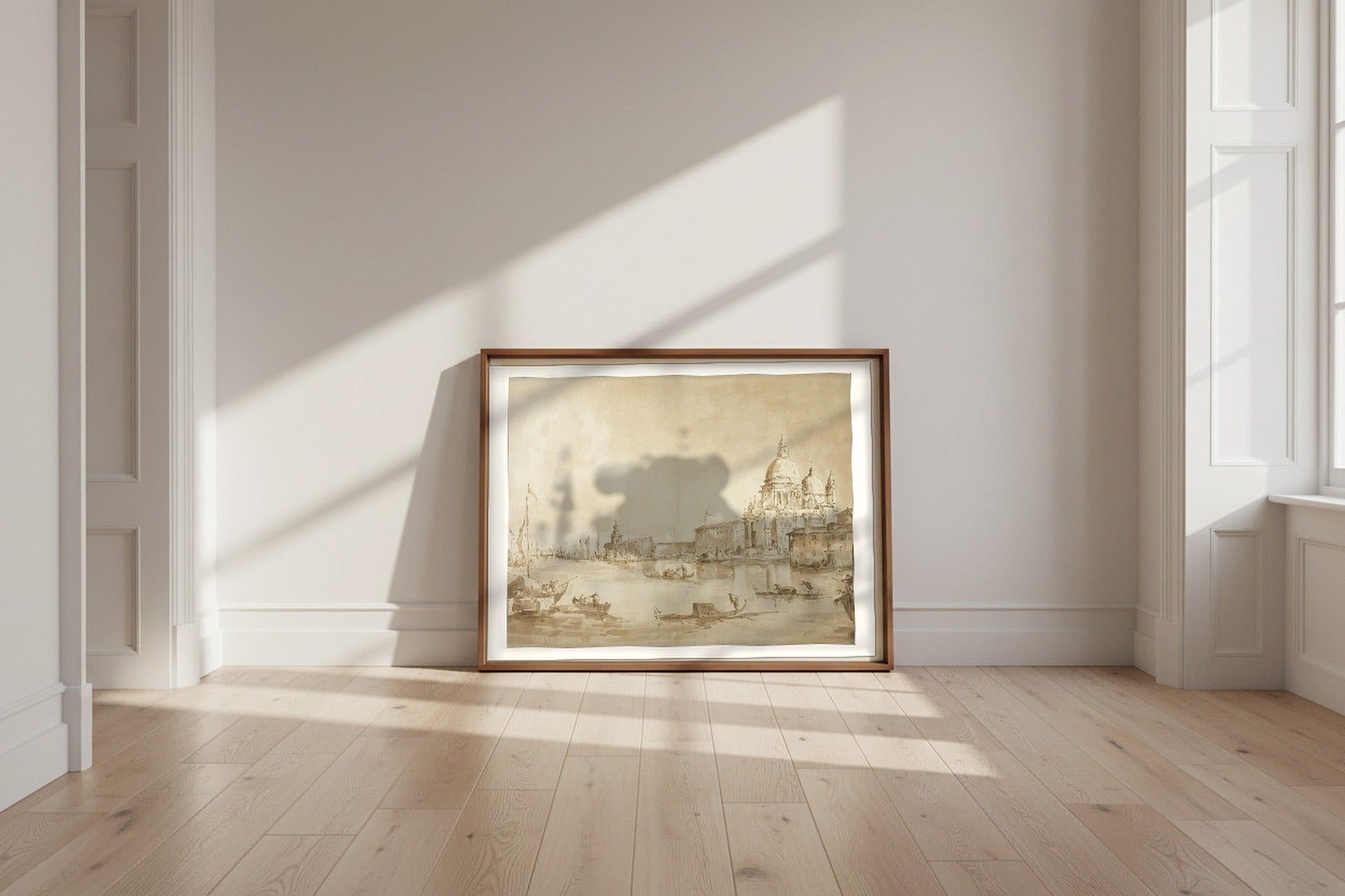 Bacino di San Marco with the Dogana del Mare and Santa Maria della Salute (imitator of Francesco Guardi) Fine Art Poster shown framed and leaning against a wall in a sunlit room