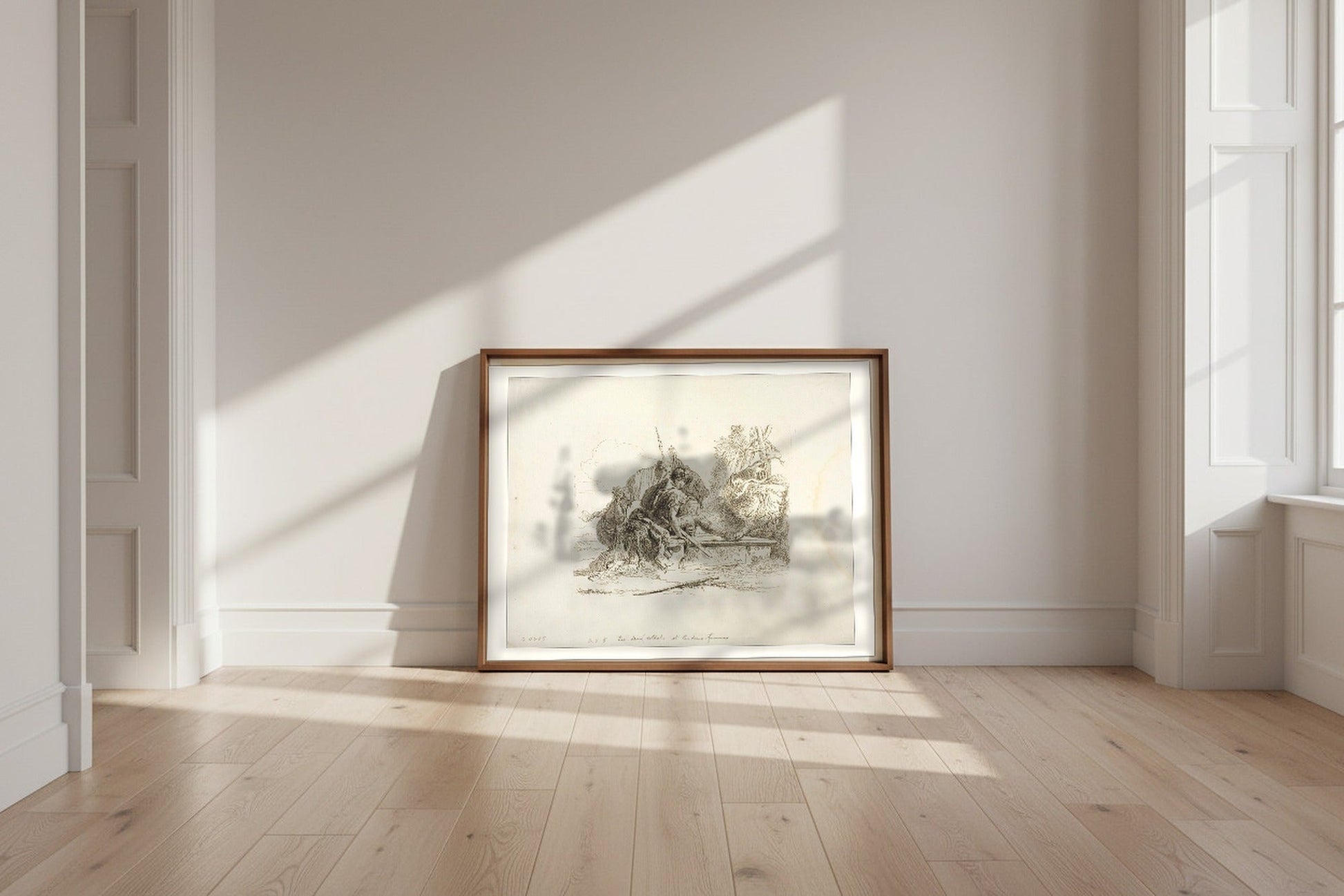 Two Soldiers and Two Women — Giovanni Battista Tiepolo Fine Art Poster shown framed and leaning against a wall in a sunlit room