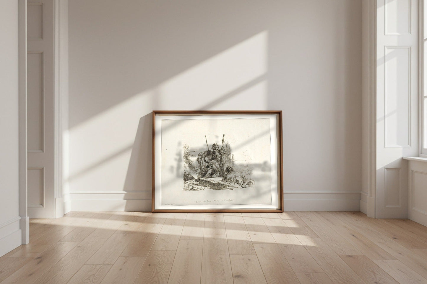 Three Soldiers and a Boy — Giovanni Battista Tiepolo Fine Art Poster shown framed and leaning against a wall in a sunlit room
