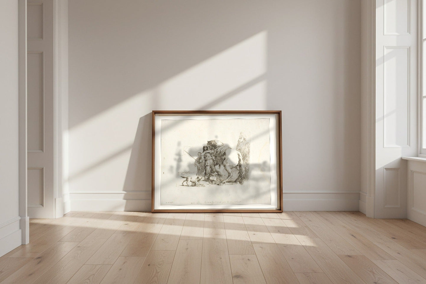 The Rider Standing by His Horse — Giovanni Battista Tiepolo Fine Art Poster shown framed and leaning against a wall in a sunlit room