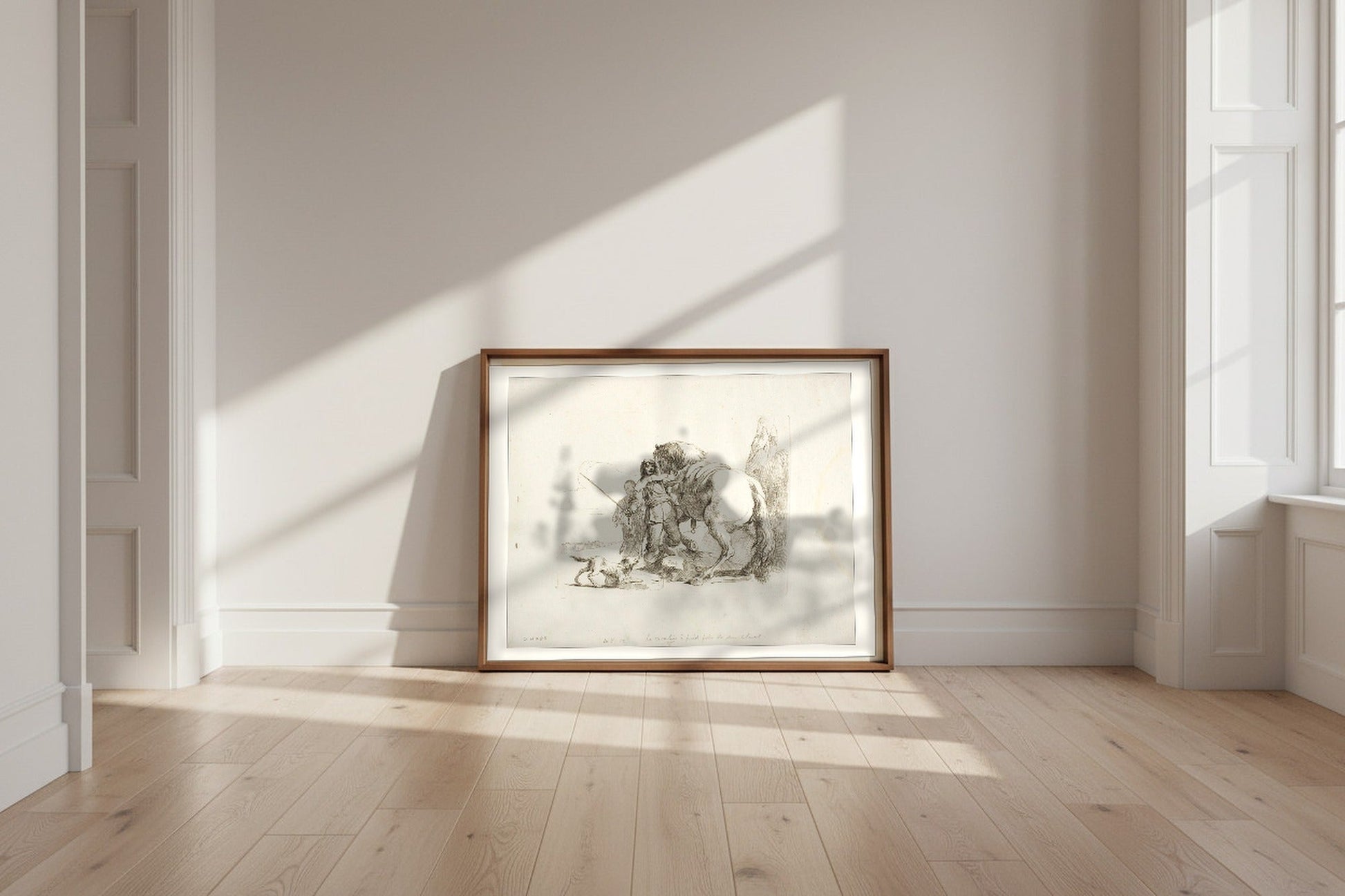 The Rider Standing by His Horse — Giovanni Battista Tiepolo Fine Art Poster shown framed and leaning against a wall in a sunlit room