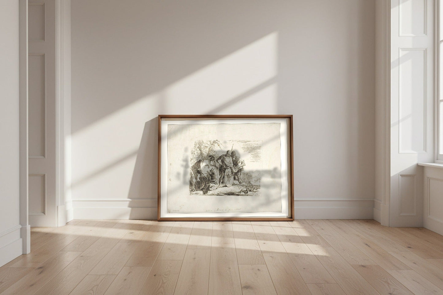 The Astrologer and the Young Soldier — Giovanni Battista Tiepolo Fine Art Poster shown framed and leaning against a wall in a sunlit room