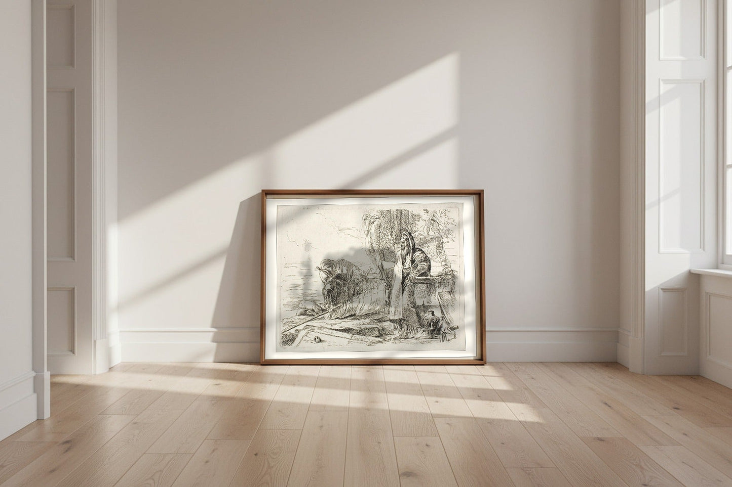 Standing Philosopher and Two Other Figures — Giovanni Battista Tiepolo Fine Art Poster shown framed and leaning against a wall in a sunlit room