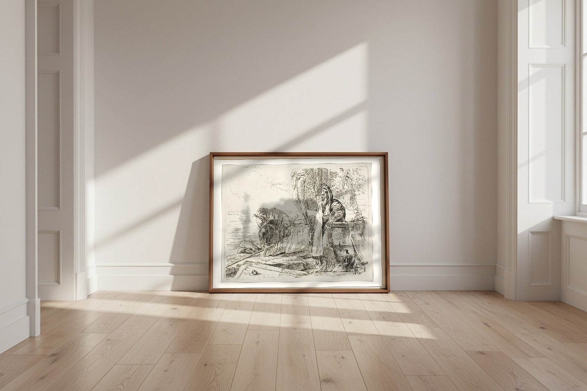 Standing Philosopher and Two Other Figures — Giovanni Battista Tiepolo Fine Art Poster shown framed and leaning against a wall in a sunlit room