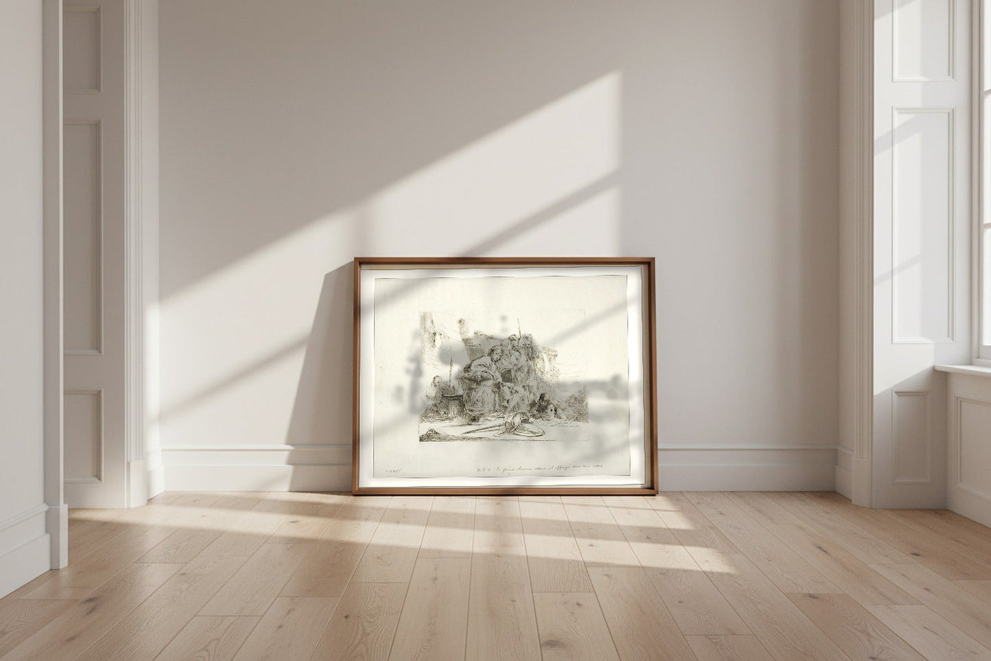 Seated Youth Leaning Against an Urn — Giovanni Battista Tiepolo Fine Art Poster shown framed and leaning against a wall in a sunlit room
