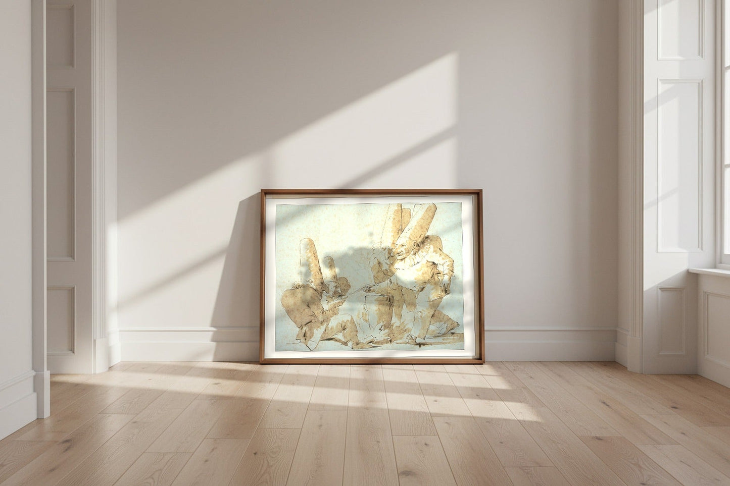 Punchinellos Cooking and Tasting Gnocchi (Punchinellos' Repast) — Giovanni Battista Tiepolo Fine Art Poster shown framed and leaning against a wall in a sunlit room