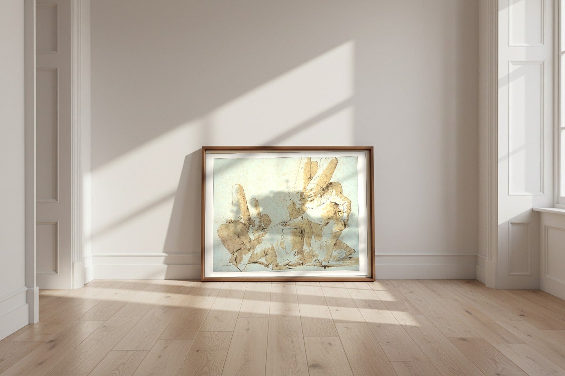 Punchinellos Cooking and Tasting Gnocchi (Punchinellos' Repast) — Giovanni Battista Tiepolo Fine Art Poster shown framed and leaning against a wall in a sunlit room