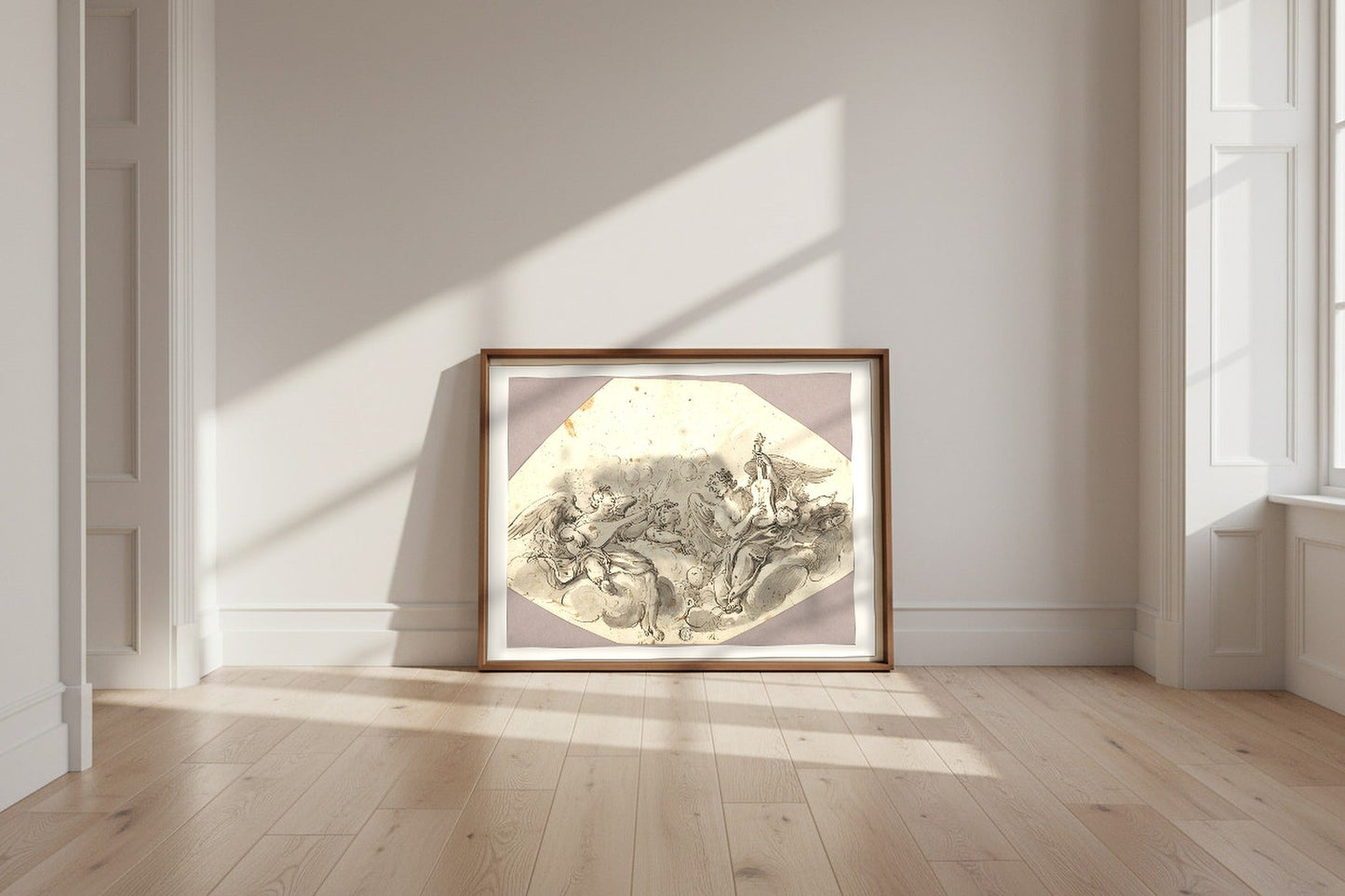 Musician Angels — Giovanni Battista Tiepolo Fine Art Poster shown framed and leaning against a wall in a sunlit room