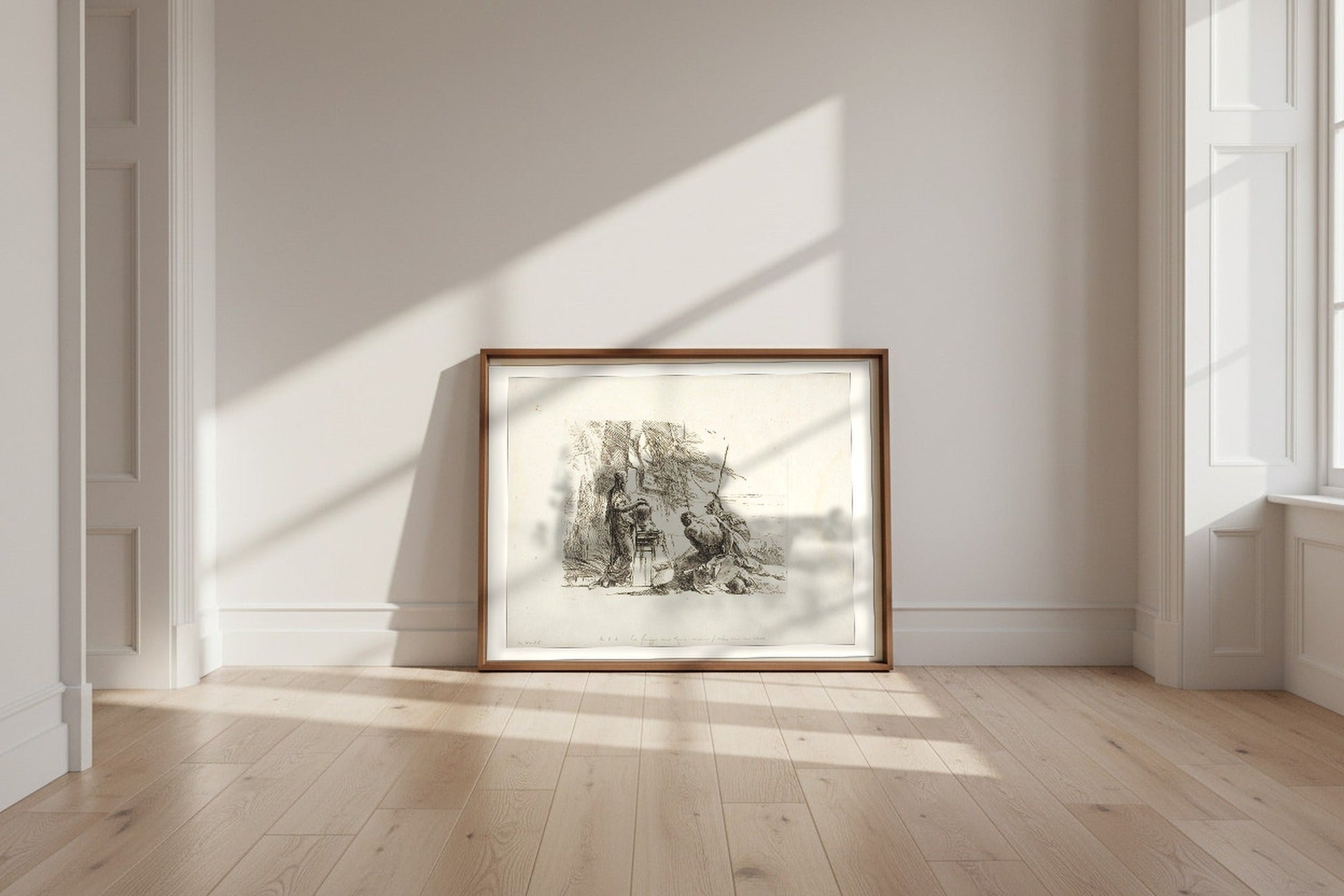 A Woman with her Hands on a Vase, Soldier, and Slave — Giovanni Battista Tiepolo Fine Art Poster shown framed and leaning against a wall in a sunlit room