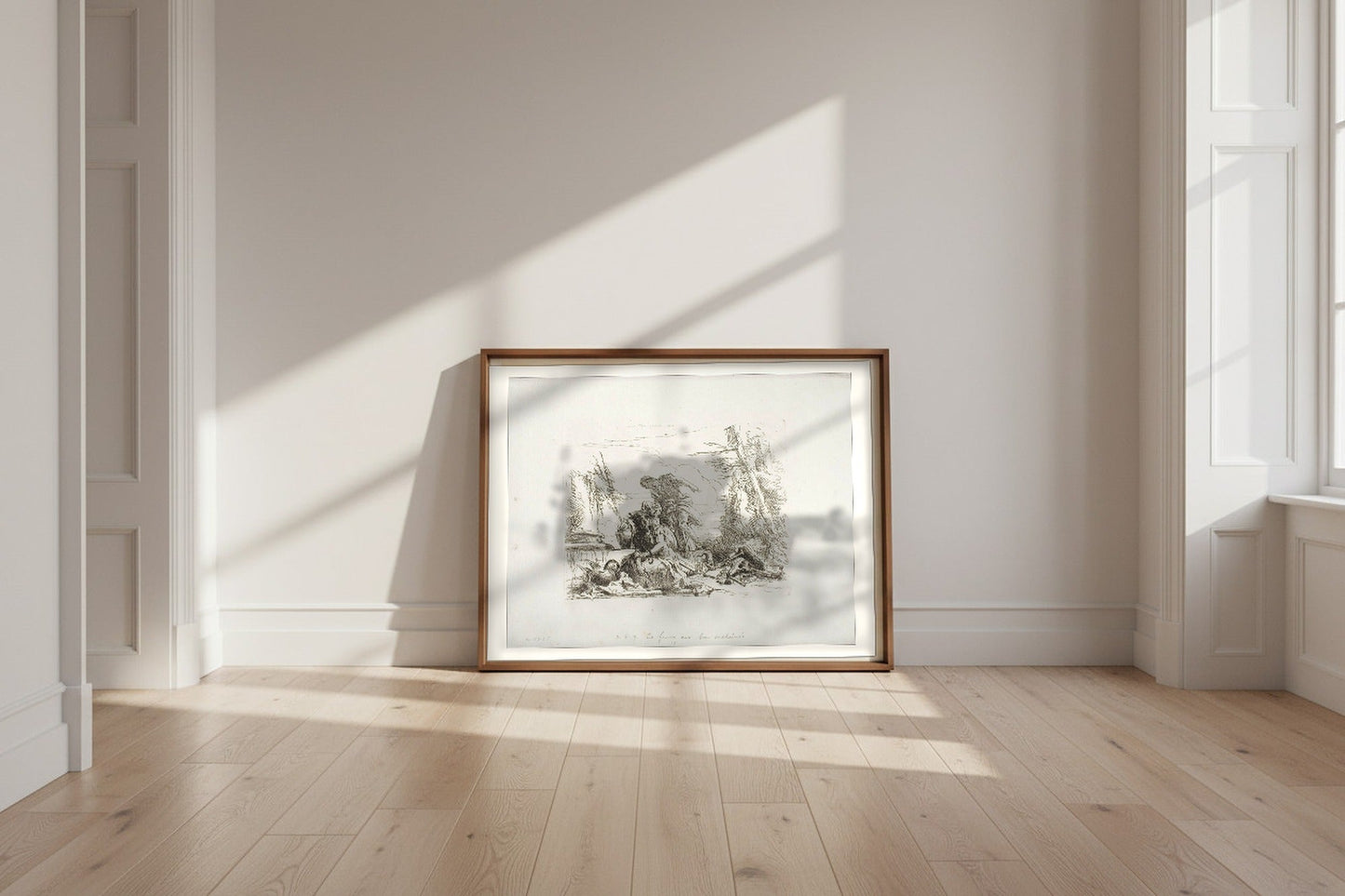 A Woman with her Arms in Chains and Four Other Figures — Giovanni Battista Tiepolo Fine Art Poster shown framed and leaning against a wall in a sunlit room